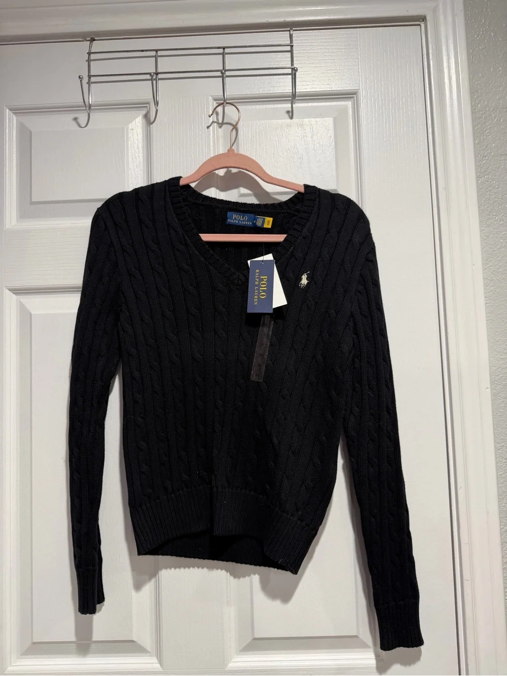 Polo by Ralph Lauren Black Cable-Knit V-Neck Sweater Women's